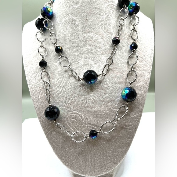 Premier Designs Necklace Blue and Black Beads Twisted oval Chain links Stunning - Picture 2 of 13